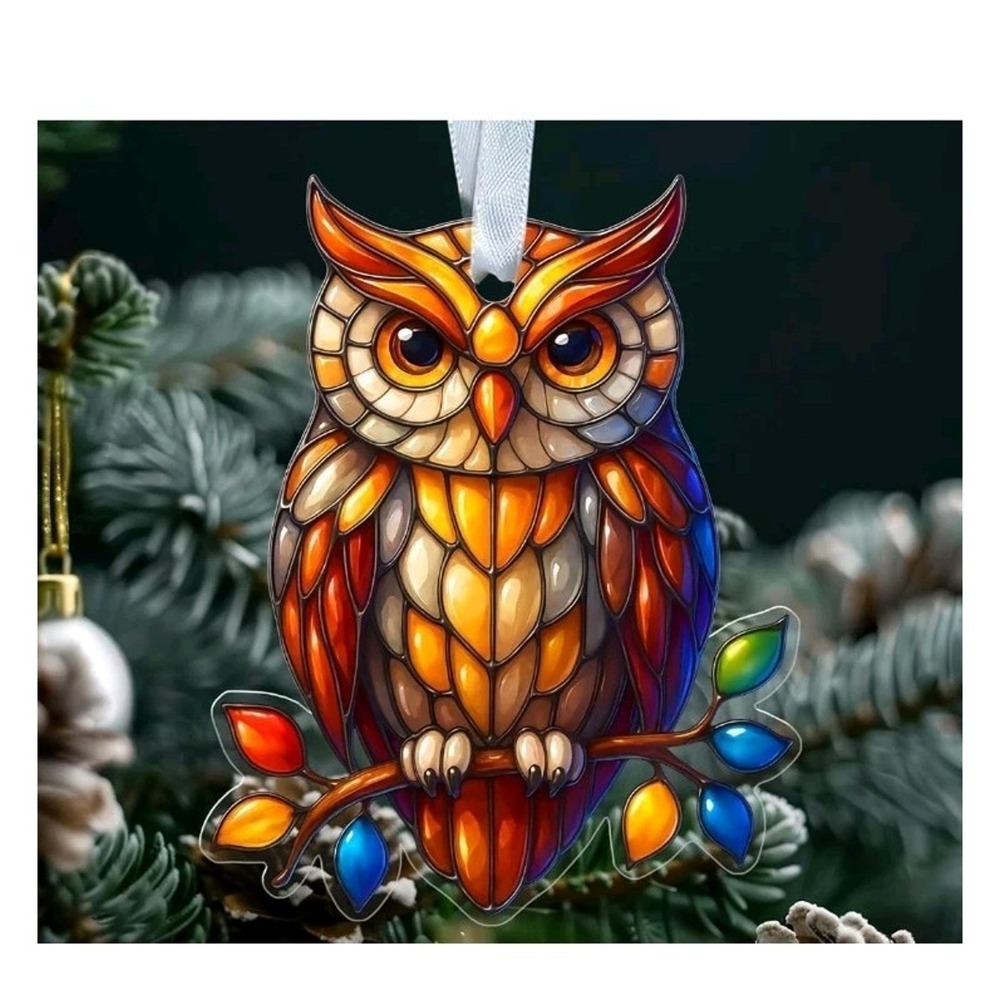 Owl Christmas Ornament Acrylic - Stained Glass Style Bird Decoration b31